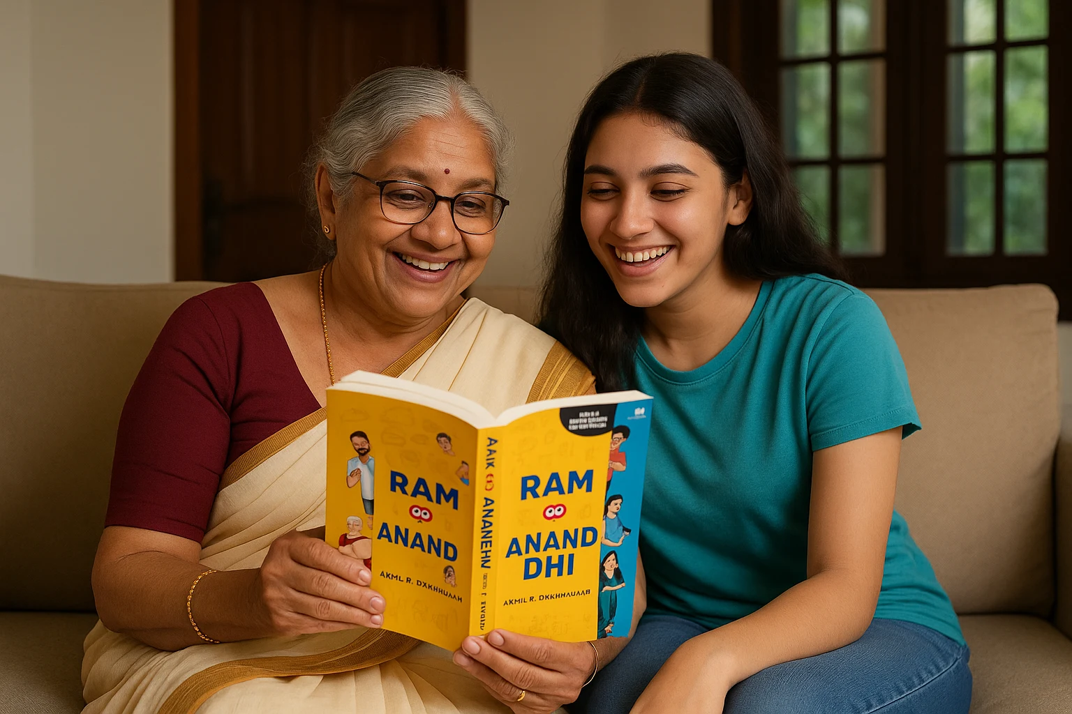 Grandmother and granddaughter enjoy reading Ram C/O Anandhi - Malayalam novel by Akhil P. Dharmajan