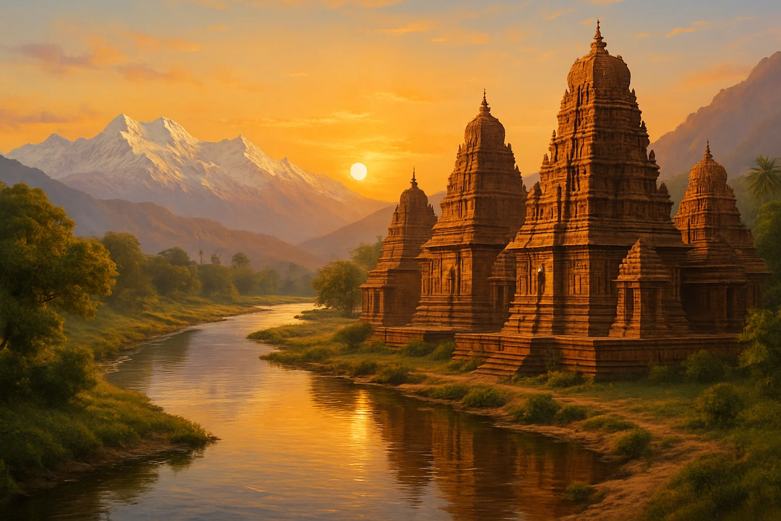 Sunset seen through the middle of ice-caped mountains, meandering river with rich greenery and an old temple on its banks  